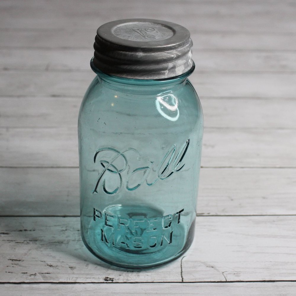 Ball Antique Blue Perfect Mason Canning Jar 1 Quart # 10 Vintage Zinc Lid